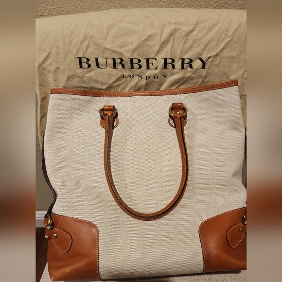 Burberry Canvas Tote with leather trim - Cream w/ brown leather trim - Picture 1 of 14